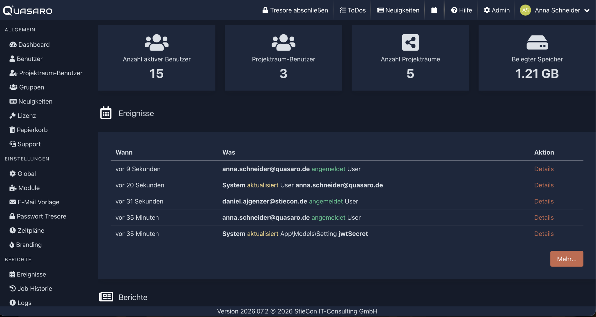 Screenshot des Administrationsbereichs