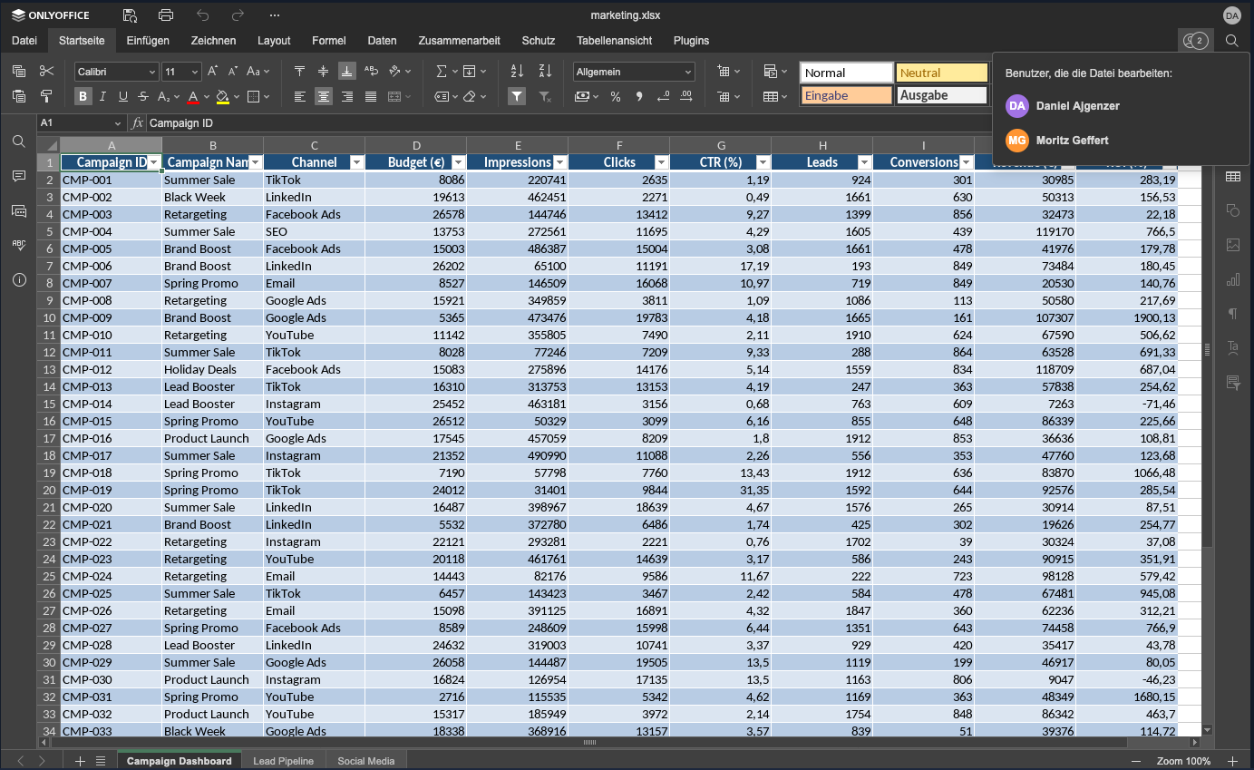 ONLYOFFICE spreadsheet editing in Quasaro collaboration workspace