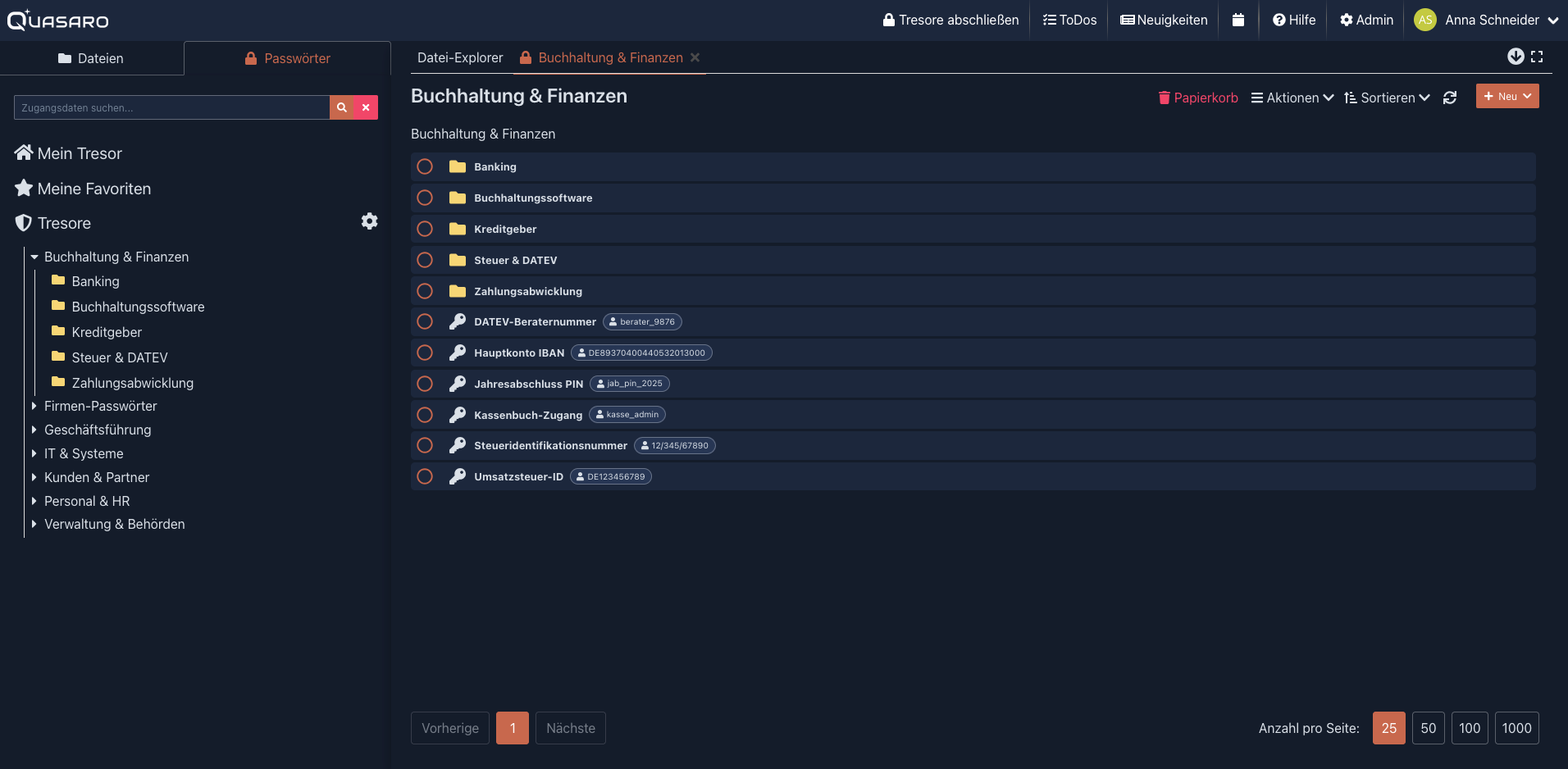 Quasaro Passwort-Tresor: Screenshot