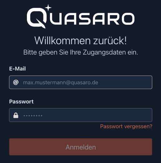 Quasaro Anmeldebildschirm
