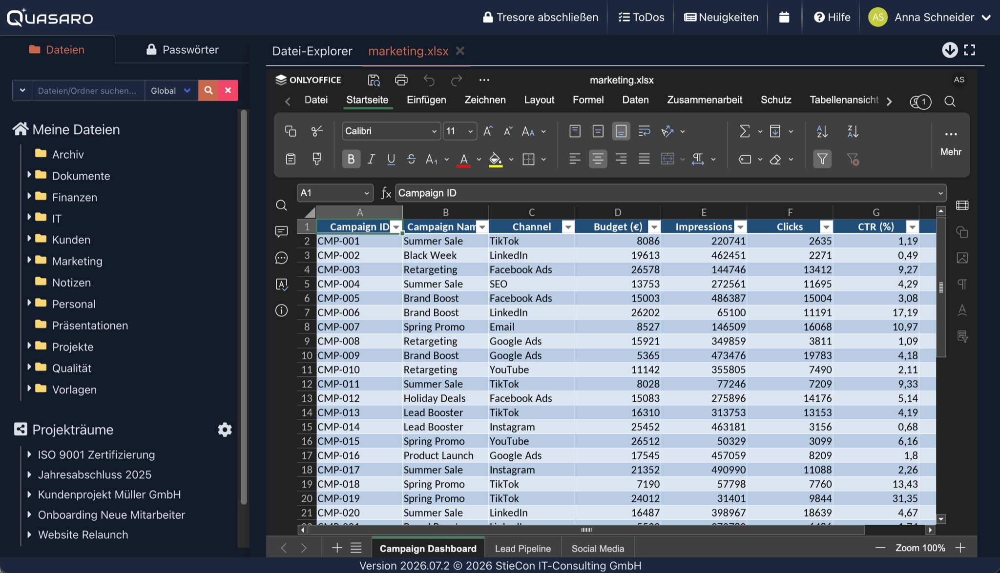 ONLYOFFICE spreadsheet editing in Quasaro collaboration workspace