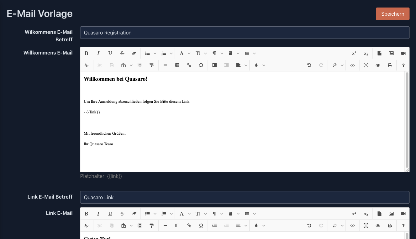 E-Mail-Vorlagen mit Betreff und Editor je Vorlage
