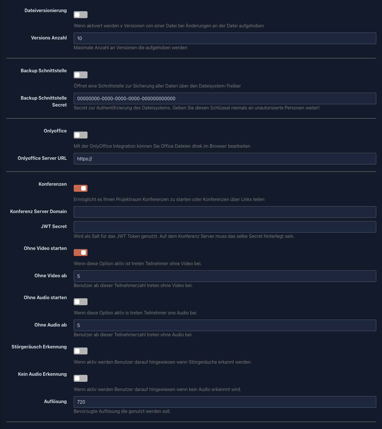 Zusätzliche Moduleinstellungen für Versionierung, Backup, OnlyOffice und Konferenzen