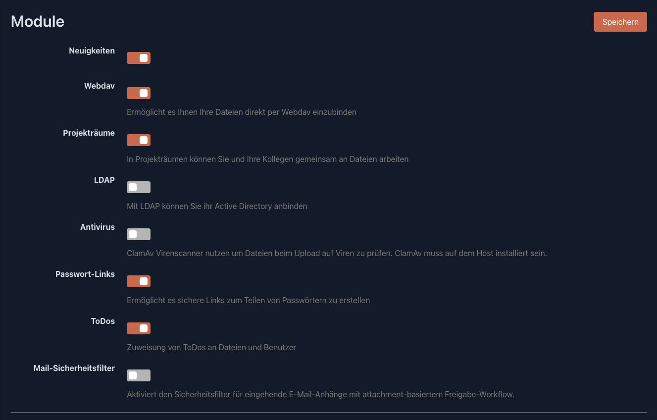 Modulübersicht mit den Schaltern zum Aktivieren der einzelnen Module