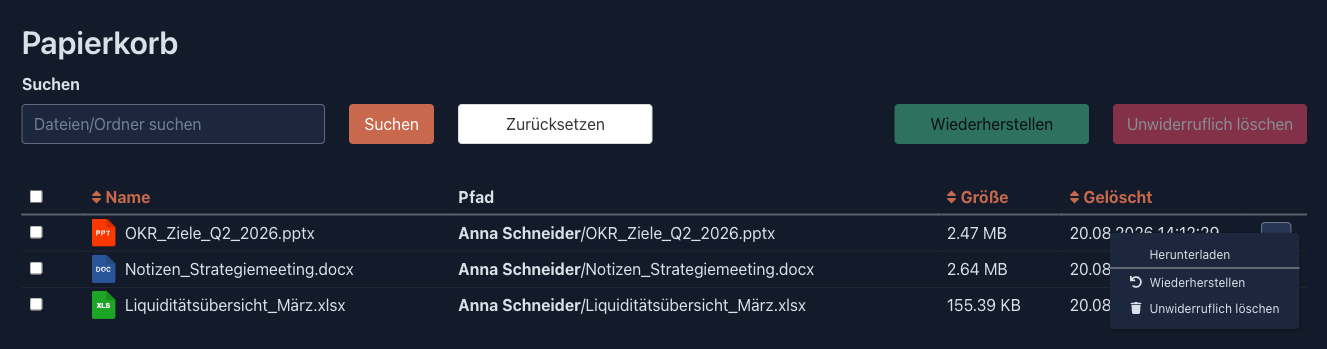 Zusatzaktionen einer Zeile im Papierkorb