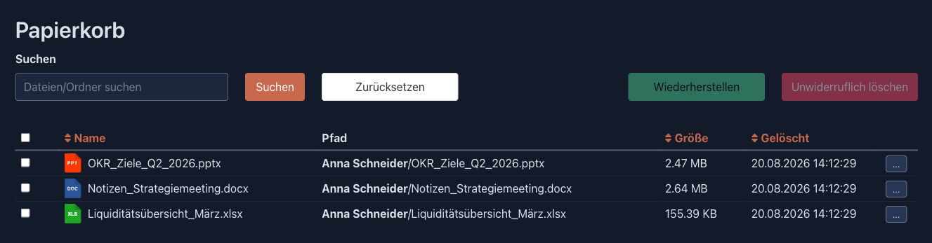 Systemweiter Papierkorb mit Pfad, Größe und Löschdatum