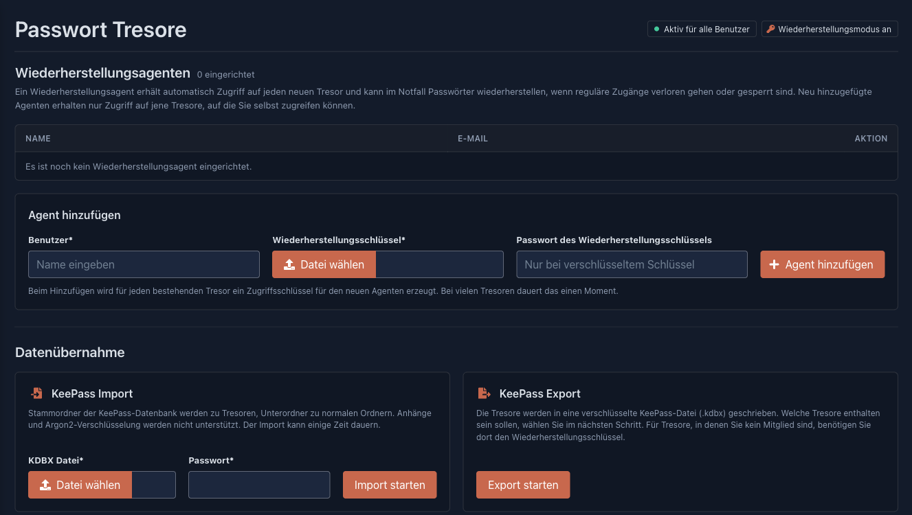 Passwort-Tresor-Einstellungen mit Wiederherstellungsagenten und KeePass-Import