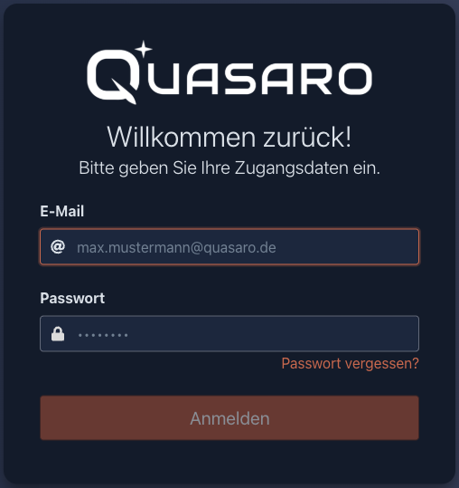 Anmeldefenster von Quasaro mit E-Mail und Passwort