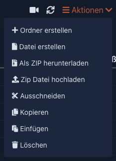 Geöffnetes Menü „Aktionen“ mit Erstellen-, Zip-, Kopieren- und Löschen-Einträgen