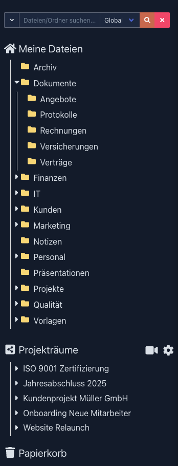 Datenübersicht mit aufgeklappter Ordnerstruktur, Projekträumen und Papierkorb