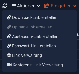 Geöffnetes Menü „Freigeben“ mit den Link-Arten und der Link-Verwaltung