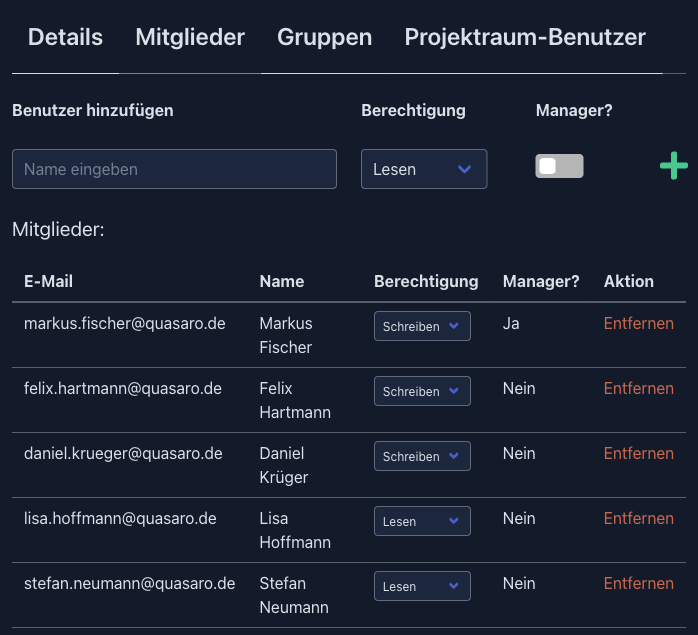Registerkarte „Mitglieder“ mit der Zugriffsstufe je Benutzer und der Manager-Kennzeichnung