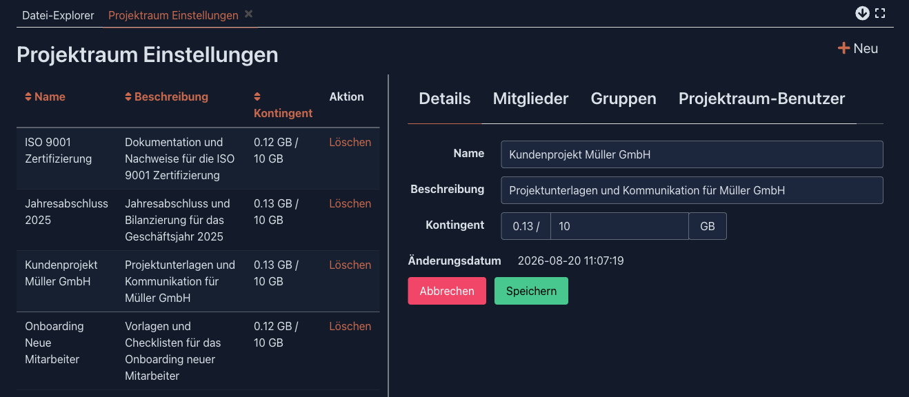 Projektraum-Einstellungen mit der Liste der Projekträume und den Registerkarten Details, Mitglieder, Gruppen und Projektraum-Benutzer
