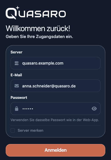 Anmeldefenster der Erweiterung mit Server, E-Mail und Passwort