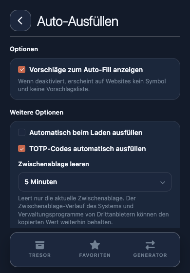 Autofill-Einstellungen mit Vorschlägen, automatischem Ausfüllen und Zwischenablage