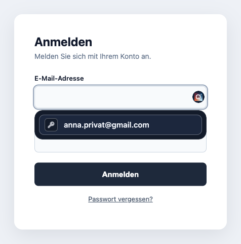 Anmeldefeld mit Quasaro-Symbol und geöffnetem Vorschlagsmenü