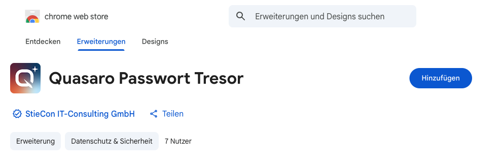 Quasaro Passwort Tresor im Chrome Web Store mit der Schaltfläche „Hinzufügen“