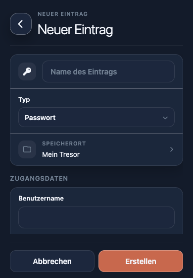 Dialog „Neuer Eintrag“ mit Typauswahl