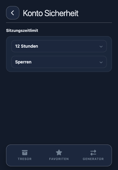 Einstellungen Kontosicherheit mit Zeitlimit und Optionen
