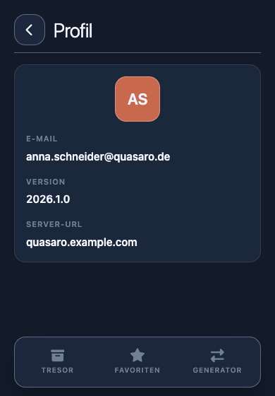 Profilansicht mit E-Mail, Server und Version
