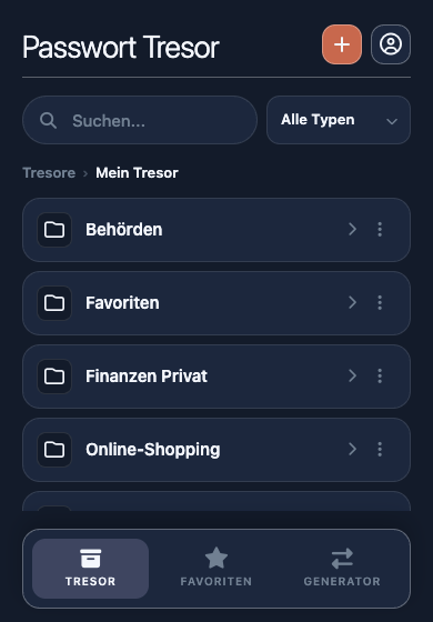 Tresor-Übersicht mit Suche, Filter und Einträgen