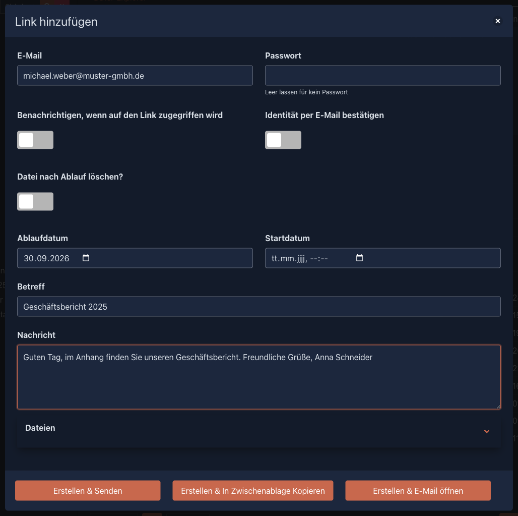 Dialog zum Erstellen eines Downloadlinks