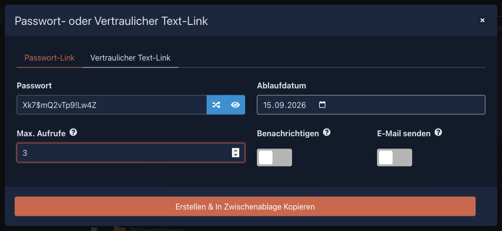 Dialog „Passwort-Link“ mit Passwortgenerator, Ablaufdatum und maximalen Aufrufen