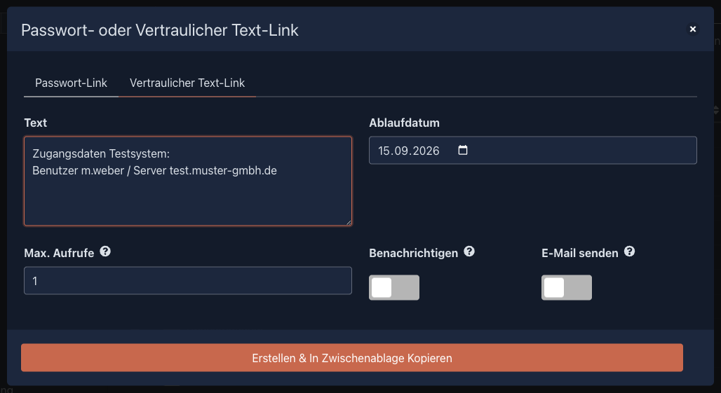 Registerkarte „Vertraulicher Text-Link“ mit Textfeld und Optionen