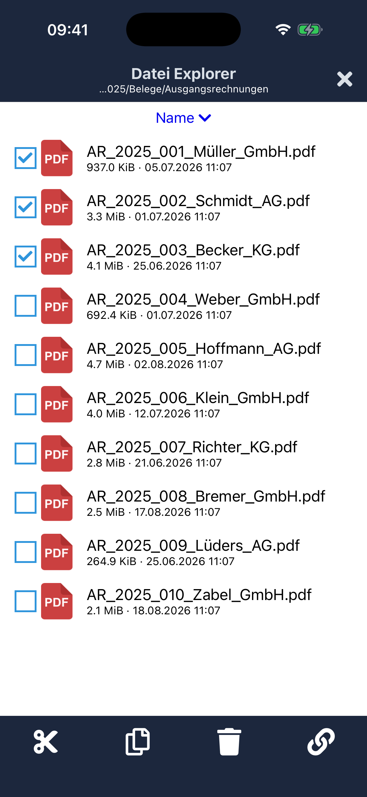 Auswahlmodus mit drei markierten Dateien und den Aktionen Ausschneiden, Kopieren, Löschen und Link erstellen