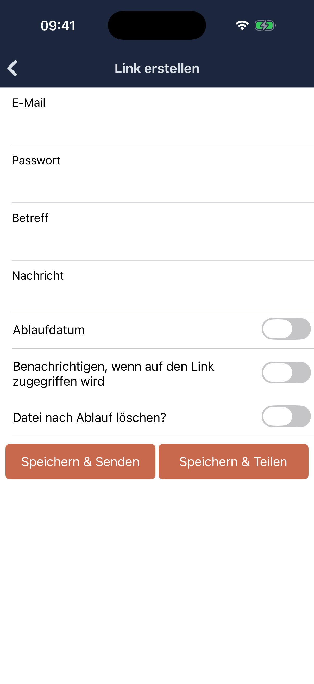 Dialog „Link erstellen“ mit den Feldern für Empfänger, Passwort, Betreff, Nachricht und den Optionen zu Ablauf und Benachrichtigung