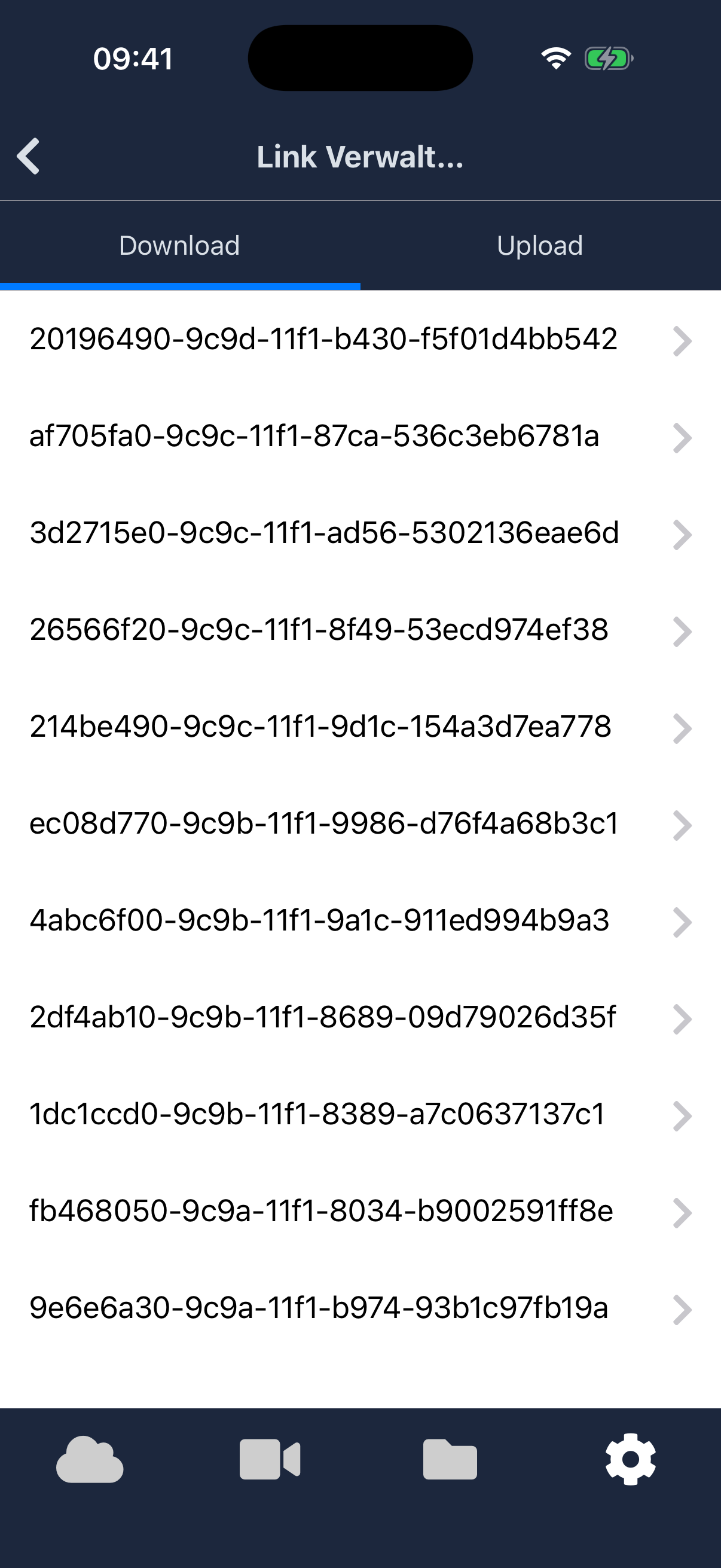 Linkverwaltung mit der Liste bestehender Download-Links