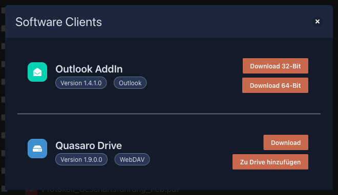 Fenster „Software Clients“ mit Outlook-Add-in und Quasaro Drive