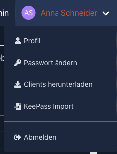 Geöffnetes Profilmenü mit Profil, Passwort ändern, Clients herunterladen und Abmelden