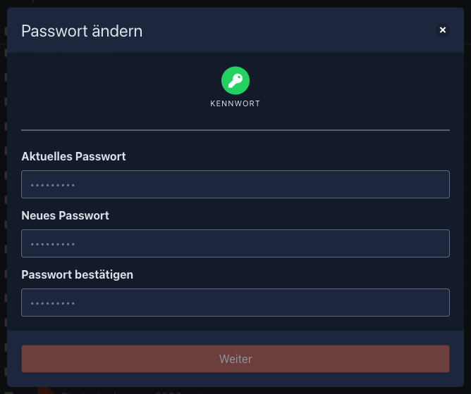 Fenster „Passwort ändern“ mit aktuellem und neuem Passwort