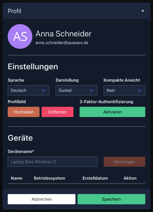 Profilfenster mit Sprache, Darstellung, Profilbild, 2-Faktor-Authentifizierung und Geräten