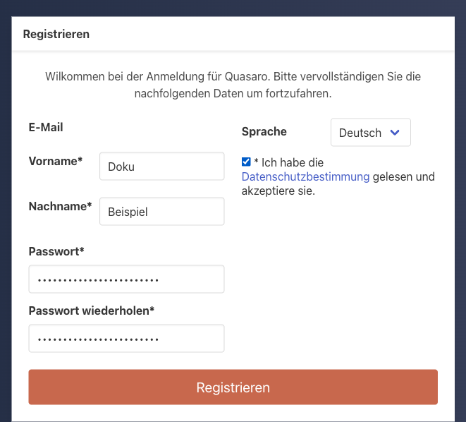 Registrierungsformular mit Name, Passwort, Sprache und Datenschutzbestätigung