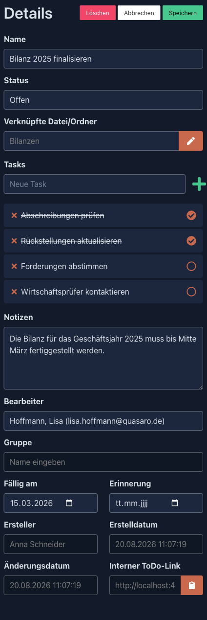 Detailansicht eines ToDos mit Teilaufgaben, Notizen und Terminen