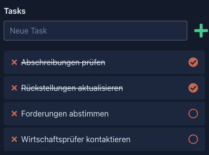 Teilaufgaben eines ToDos mit Eingabefeld und Symbolen zum Löschen und Abschließen