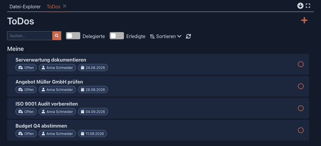 ToDo-Übersicht mit Suche, Schaltern für Delegierte und Erledigte sowie Sortierung