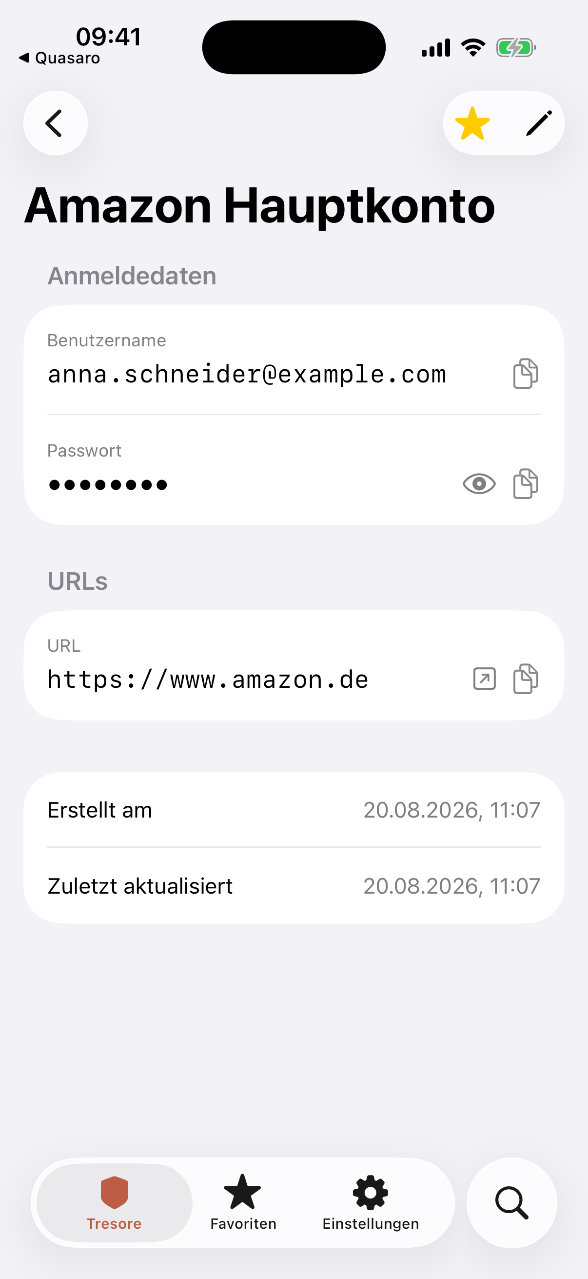 Detailansicht eines Passwort-Eintrags mit Benutzername, verdecktem Passwort und URL