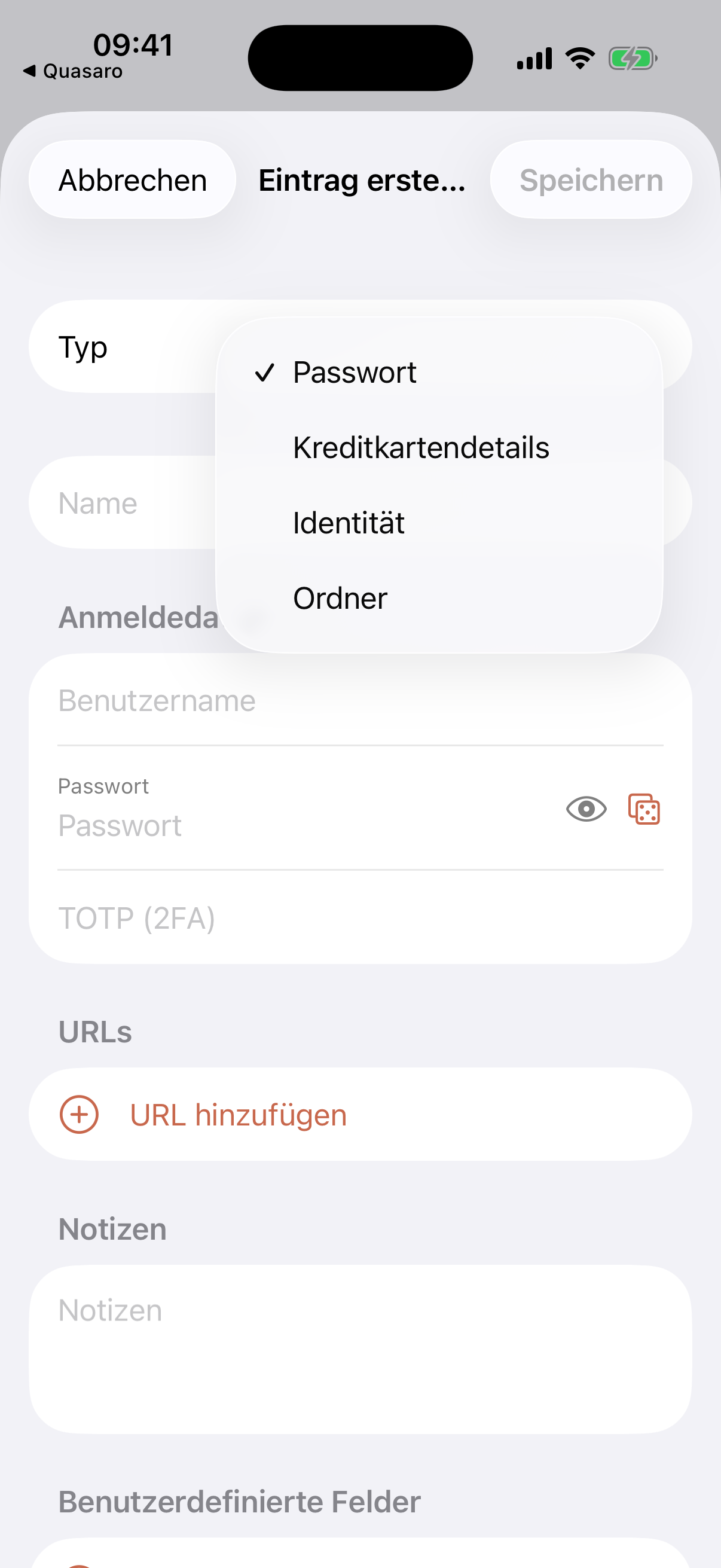 Neuer Eintrag mit geöffneter Typauswahl: Passwort, Kreditkartendetails, Identität und Ordner