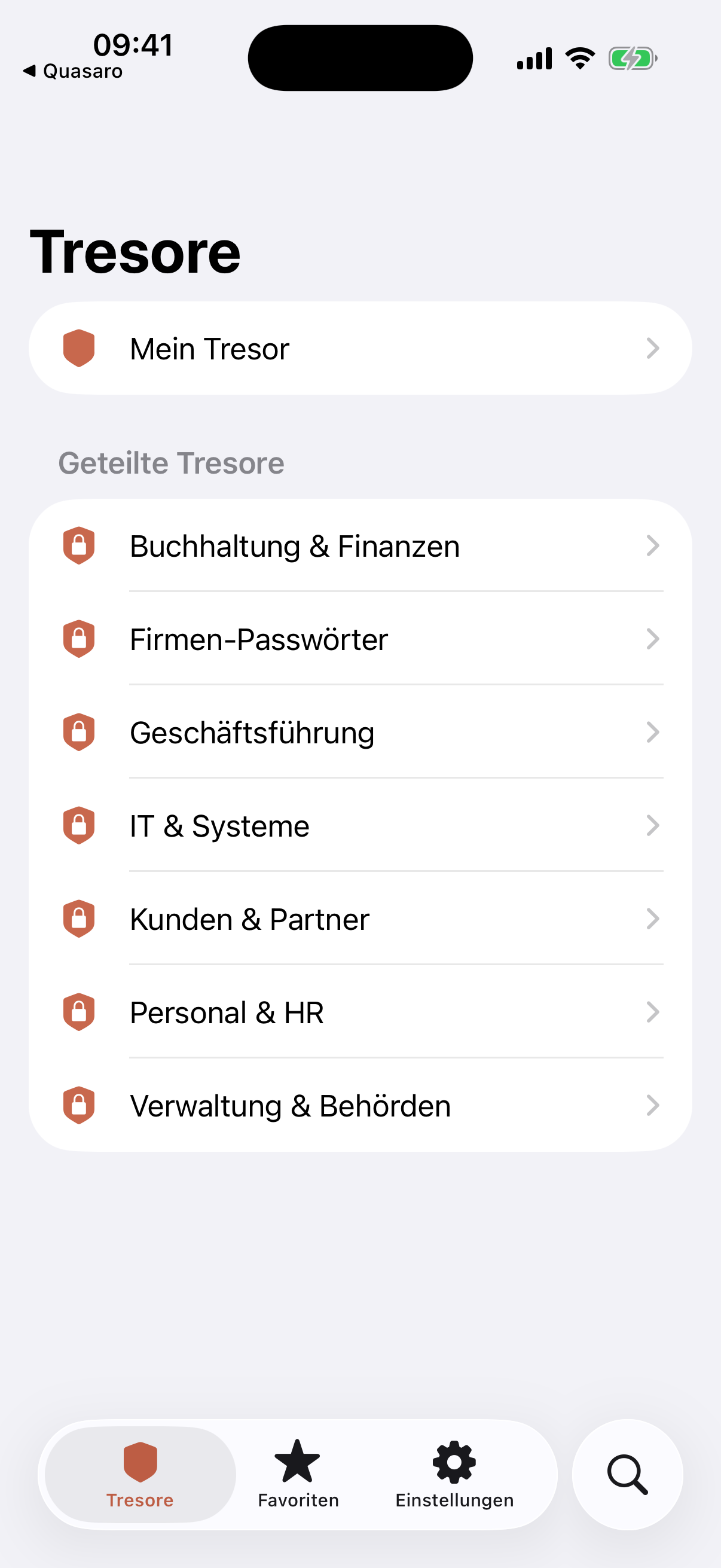 Startseite mit dem eigenen Tresor und den geteilten Tresoren