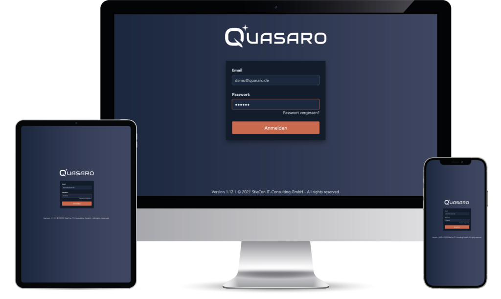 Zu sehen sind ein PC, ein Tablet und ein Handy mit der Anmeldefläche von Quasaro