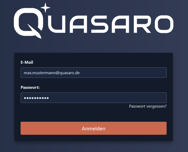 Zu sehen ist ein Screenshot der Anmeldemaske von Quasaro