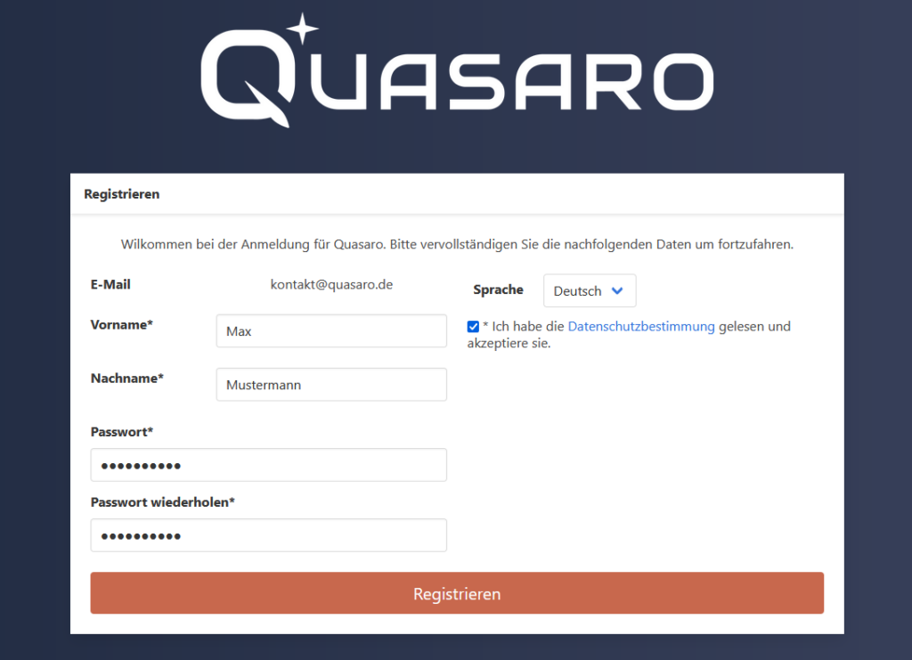 Zu sehen ist ein Screenshot der Registrierung bei Quasaro