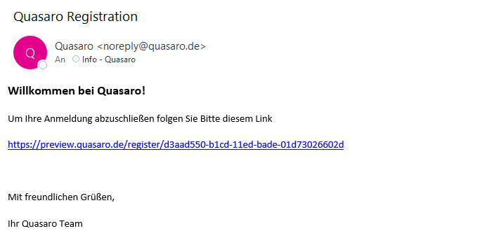 Zu sehen ist ein Screenshot einer Registrierungs-E-Mail von Quasaro